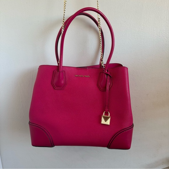 Michael Kors Mercer Corner Medium Center Zip Satchel Ultra Pink - Picture 1 of 16